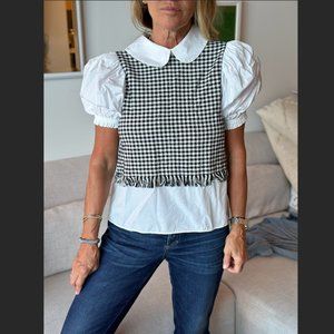 Zara Checkered Plaid Linen Collared Blouse w/ Puff Sleeves